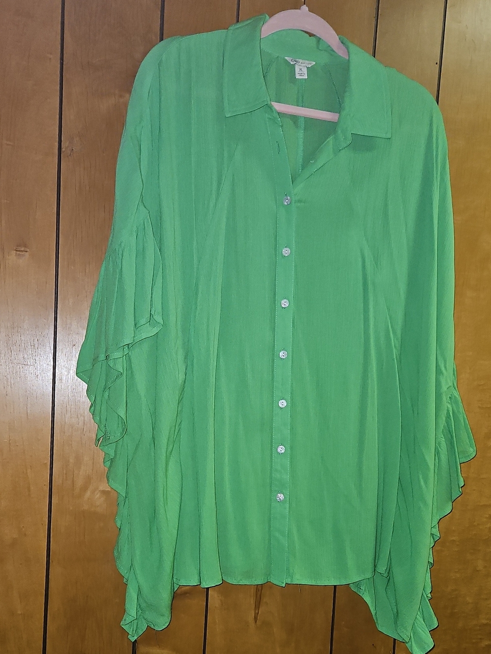 Cato Bright Green Ruffle Sleeve Button-Down Shirt